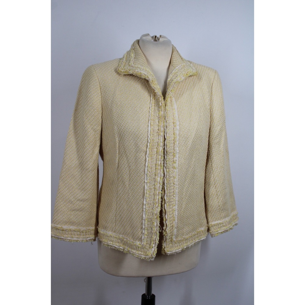 Lafayette 148 8 Yellow Tweed Fringe Blazer Jacket Silk Lining